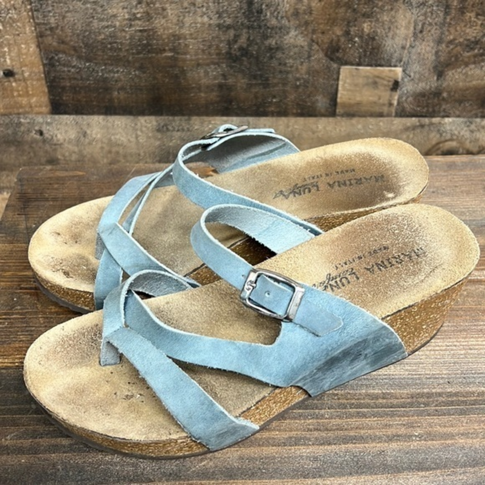 Marina Luna Comfort Blue Buckle Cork Wedge Sandals Women's Size 7